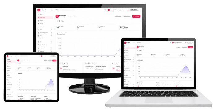 DukaSale analytics dashboard on a monitor, laptop and tablet