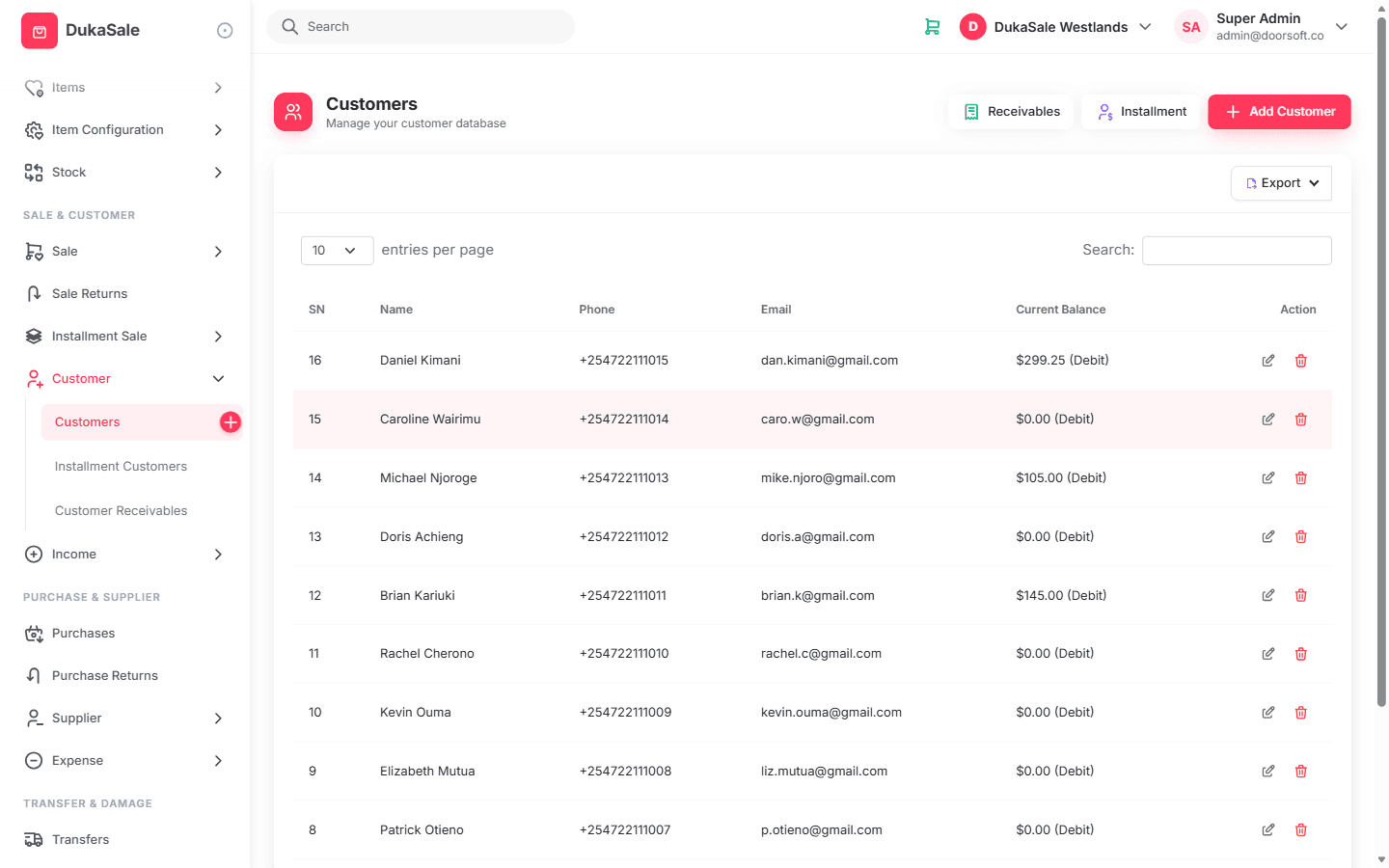 DukaSale customer list with credit balances