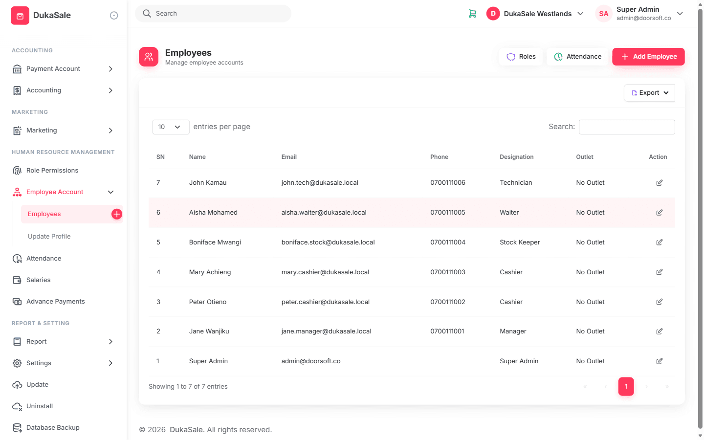 DukaSale staff list with roles and outlet assignments