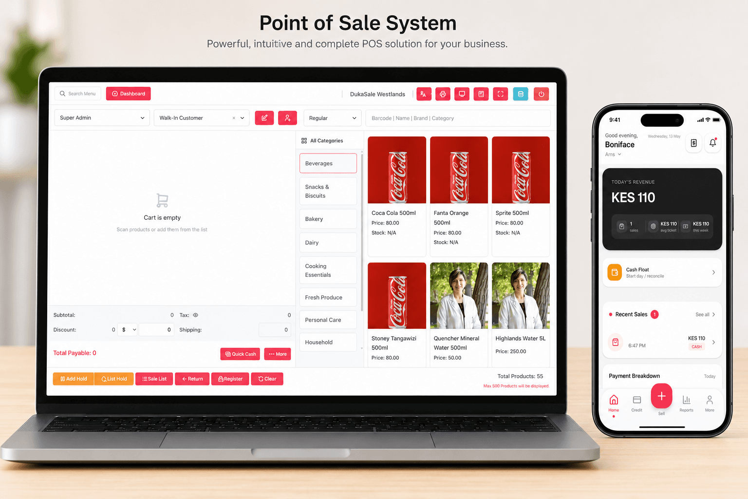 DukaSale Point of Sale running on a laptop and a phone