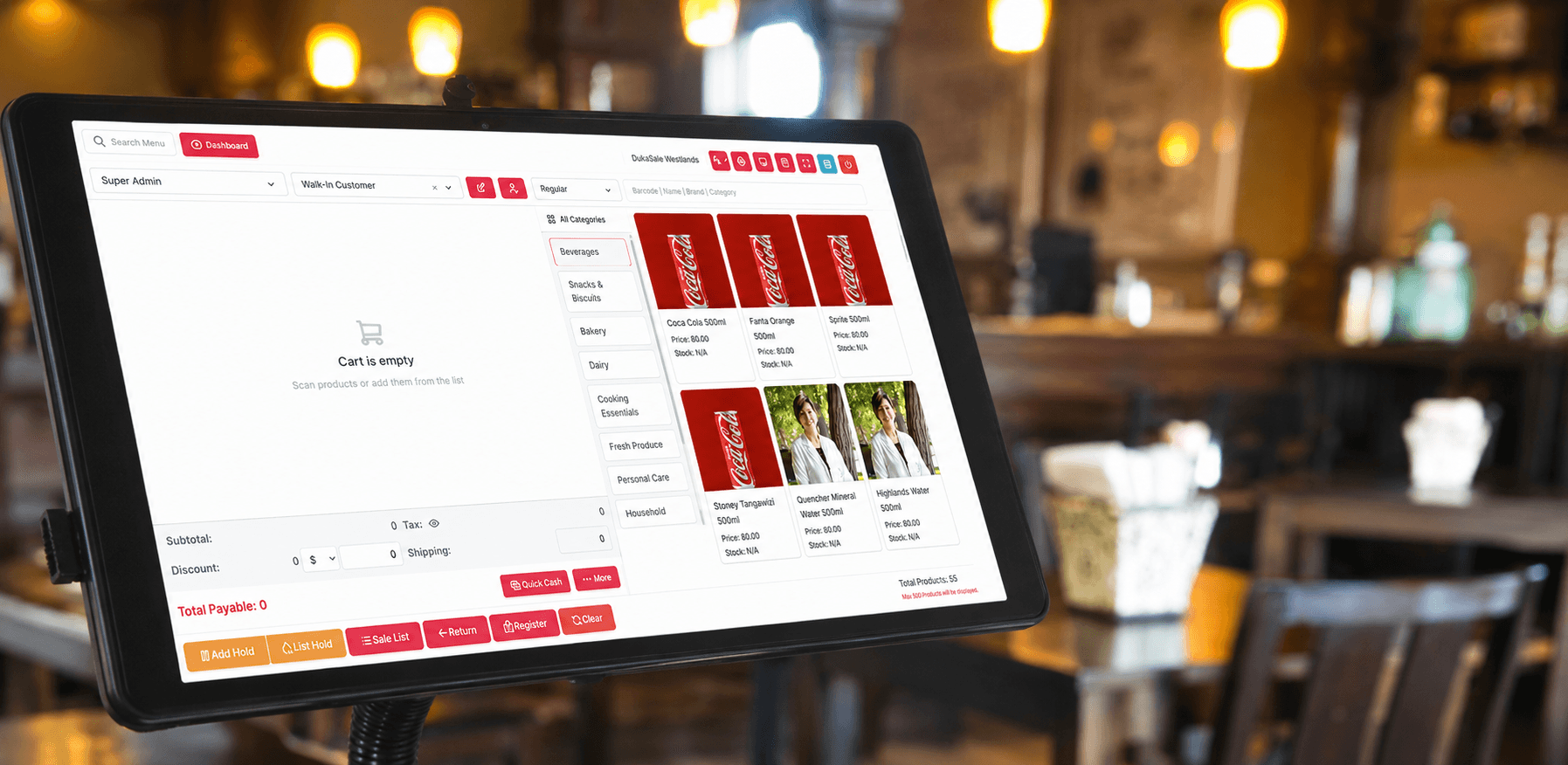 DukaSale Restaurant POS on a tablet stand in a restaurant