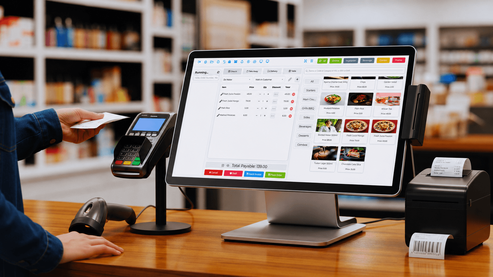 DukaSale Retail POS terminal with barcode scanner, card reader and receipt printer on a shop counter
