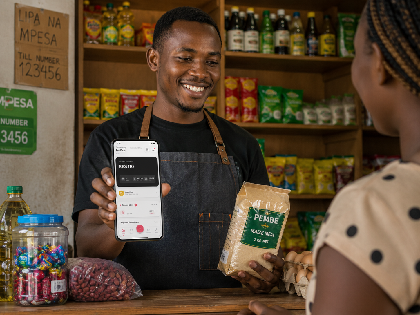 Duka owner using DukaSale Mobile POS with M-Pesa