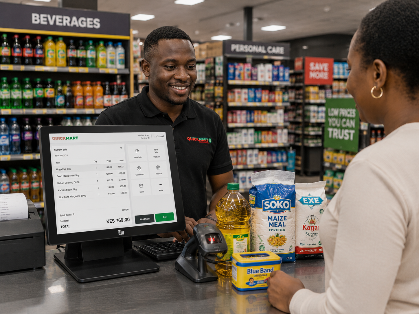 Supermarket cashier ringing up a sale on DukaSale Retail POS